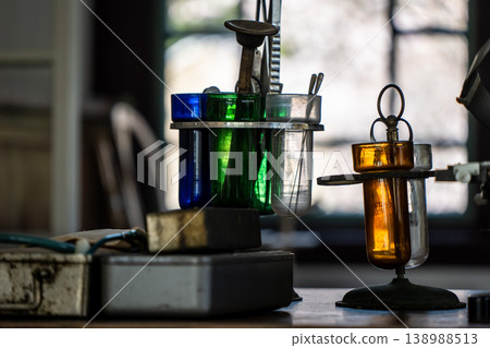 A desk adorned with retro, antique medical instruments. 138988513