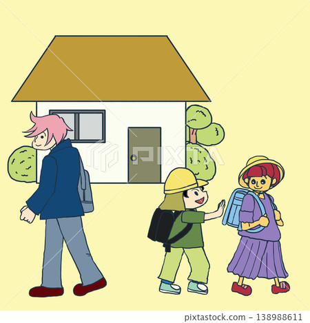 An illustration of children walking to school in the morning from their homes. An illustration of children walking to school in the morning from their homes. 138988611