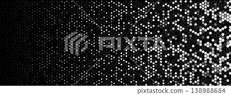 Hexagon halftone field dense left, fade right. Honeycomb mosaic tech vibe. Topics technology data. Use background banner UI cover print. Monochrome minimal geometric BG. Vector illustration Hexagon halftone field dense left, fade right. Honeycomb mosaic tech vibe. Topics technology data. Use background banner UI cover print. Monochrome minimal geometric BG. Vector illustration 138988684