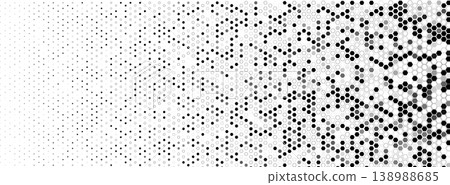 Hexagon halftone field dense left, fade right. Honeycomb mosaic tech vibe. Topics technology data. Use background banner UI cover print. Monochrome minimal geometric BG. Vector illustration Hexagon halftone field dense left, fade right. Honeycomb mosaic tech vibe. Topics technology data. Use background banner UI cover print. Monochrome minimal geometric BG. Vector illustration 138988685