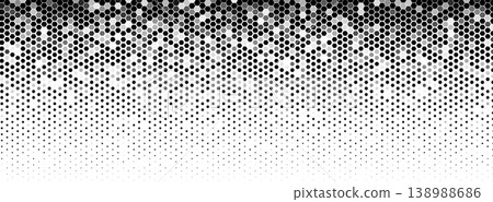 Hexagon halftone field dense left, fade right. Honeycomb mosaic tech vibe. Topics technology data. Use background banner UI cover print. Monochrome minimal geometric BG. Vector illustration Hexagon halftone field dense left, fade right. Honeycomb mosaic tech vibe. Topics technology data. Use background banner UI cover print. Monochrome minimal geometric BG. Vector illustration 138988686