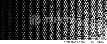 Hexagon halftone field dense left, fade right. Honeycomb mosaic tech vibe. Topics technology data. Use background banner UI cover print. Monochrome minimal geometric BG. Vector illustration Hexagon halftone field dense left, fade right. Honeycomb mosaic tech vibe. Topics technology data. Use background banner UI cover print. Monochrome minimal geometric BG. Vector illustration 138988687