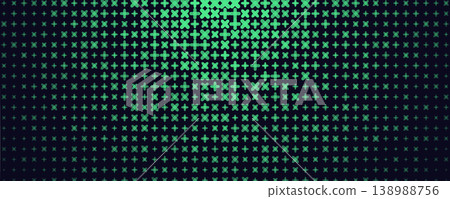 Green plus cross grid gradient pattern. Geometric signs create pixel matrix illusion texture for tech, science, medicine, data, gaming in banner, header, app, slide use. Vector background 138988756