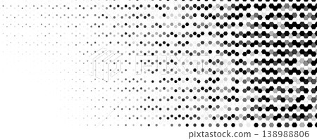 Hexagon halftone wave across center, motion, tech energy. Honeycomb dots create gradient, optical depth. Topics: tech, data. Use for banner, cover, web, presentation, print. Vector illustration 138988806