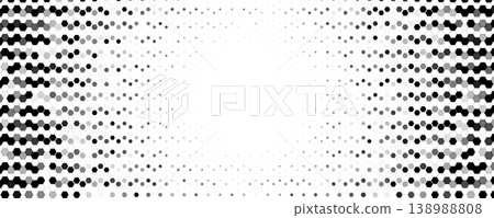Hexagon halftone wave across center, motion, tech energy. Honeycomb dots create gradient, optical depth. Topics: tech, data. Use for banner, cover, web, presentation, print. Vector illustration 138988808