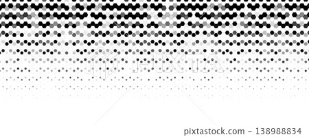 Hexagon halftone top border, black white honeycomb pattern tech background with copy space for headers, covers, websites, presentations, packaging, UI. Minimal abstract style. Vector illustration 138988834