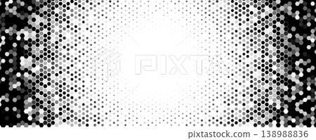 Hexagon Halftone Background With Copy Space, Monochrome Honeycomb Gradient Frame For Tech, Science, Business, Poster, Banner, Web. Vector Illustration. 138988836