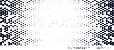 Hexagon honeycomb shapes form gradient halftone pattern radiating toward center, creating abstract futuristic geometric background. Vector illustration Hexagon honeycomb shapes form gradient halftone pattern radiating toward center, creating abstract futuristic geometric background. Vector illustration 138988842