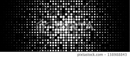 Circular halftone dots glow toward center, dynamic pulse mood. Abstract dotted field, tech signal vibe. Topics data, technology, sound. Use background, banner, UI. Monochrome geometric. Vector 138988843