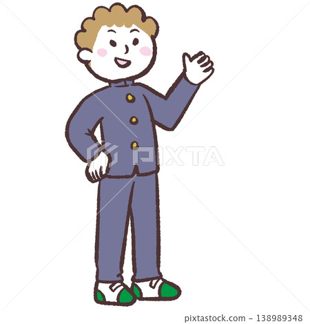 一幅男學生全身像,面帶微笑,舉起一隻手。 一幅男學生全身像,面帶微笑,舉起一隻手。 138989348