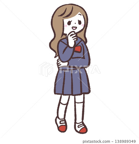 一位微笑的女學生全身像，她一手托著下巴。 138989349