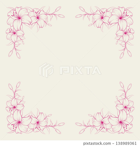 Floral frame with hand-drawn pink ink lilies. Designed for birthday or wedding invitation cards. Floral frame with hand-drawn pink ink lilies. Designed for birthday or wedding invitation cards. 138989361