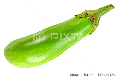 Single fresh long green eggplant isolated. Ripe organic vegetable with stem, detailed texture, and natural highlights. Perfect for culinary, healthy eating, and food projects. Single fresh long green eggplant isolated. Ripe organic vegetable with stem, detailed texture, and natural highlights. Perfect for culinary, healthy eating, and food projects. 138989429