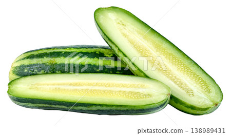 Fresh striped Armenian cucumbers, both whole and cut in half lengthwise, isolated on white background. Crisp green snake cucumber with visible seeds, ideal for healthy food and garden concepts. Fresh striped Armenian cucumbers, both whole and cut in half lengthwise, isolated on white background. Crisp green snake cucumber with visible seeds, ideal for healthy food and garden concepts. 138989431