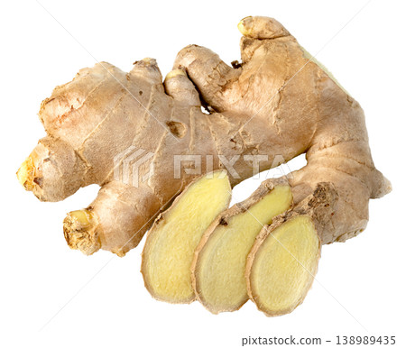 Fresh whole ginger root with three round slices isolated. Organic spicy condiment used for cooking and natural medicine. High quality detailed studio shot of healthy spice. Fresh whole ginger root with three round slices isolated. Organic spicy condiment used for cooking and natural medicine. High quality detailed studio shot of healthy spice. 138989435