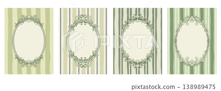 Vintage spring ornate frame set with oval copy space on fresh green striped background 138989475