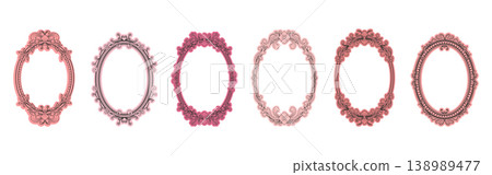 Set of six ornate oval frames with baroque decoration in pink and coral colors on white background 138989477