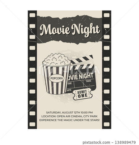 Retro movie night poster with popcorn bucket and clapperboard in vintage grunge style Retro movie night poster with popcorn bucket and clapperboard in vintage grunge style 138989479