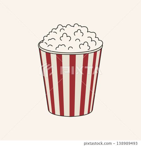 Cartoon popcorn in classic red and white striped bucket hand drawn illustration Cartoon popcorn in classic red and white striped bucket hand drawn illustration 138989493