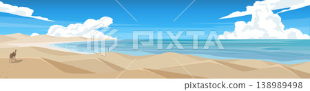 Horizontal or Landscape view of desert dunes with sandy beaches next to the sea. Solitary camel walks along the sand dune gazing out at the sea. Under blue sky and white clouds for banner background. Horizontal or Landscape view of desert dunes with sandy beaches next to the sea. Solitary camel walks along the sand dune gazing out at the sea. Under blue sky and white clouds for banner background. 138989498