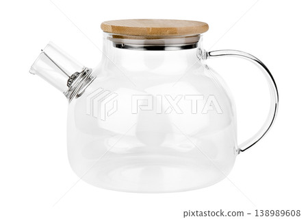 Glass transparent teapot with wooden lid isolated on white background 138989608