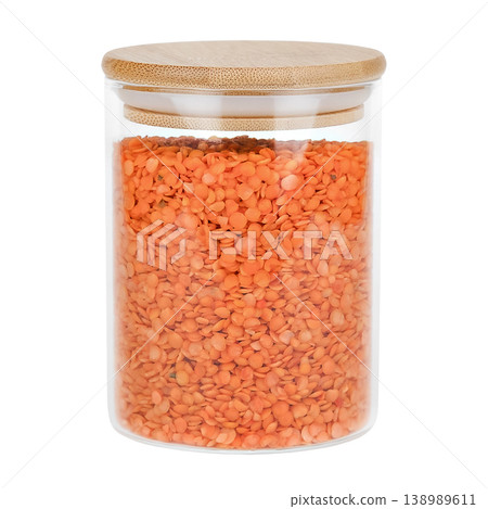 Lentils in a glass jar with a wooden lid, isolated on white background Lentils in a glass jar with a wooden lid, isolated on white background 138989611