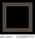 Square gold frame with greek ornament on black background. Classic European national ornament, border, frame, meander. Endless pattern of Ancient Greece, Roman Empire. Byzantine European palace  138989759