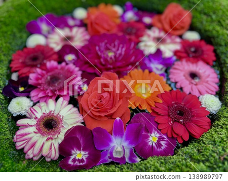 Flower arrangement in the water basin in April (roses, gerberas, dendrobium orchids, pansies, ping pong chrysanthemums) <Sugao Shrine/Okazaki City, Aichi Prefecture> Flower arrangement in the water basin in April (roses, gerberas, dendrobium orchids, pansies, ping pong chrysanthemums) <Sugao Shrine/Okazaki City, Aichi Prefecture> 138989797