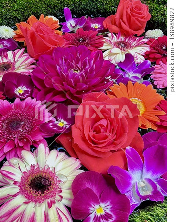 A vibrant floral arrangement in the water basin in April (roses, gerberas, dendrobium orchids, pansies, chrysanthemums) at Sugao Shrine in Okazaki City, Aichi Prefecture. A vibrant floral arrangement in the water basin in April (roses, gerberas, dendrobium orchids, pansies, chrysanthemums) at Sugao Shrine in Okazaki City, Aichi Prefecture. 138989822