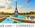 Paris Eiffel Tower view from Trocadero fountain, sunset light, France 138989825