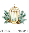 Watercolor illustration golden birdcage surrounded by spruce branches and pine cone. Festive winter composition, vintage style Christmas decor. Hand drawn isolated holiday design for card, stationery 138989852