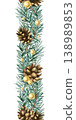 Watercolor Christmas seamless border decoration with vertical spruce branches, gold beads and pine cones. Festive hand drawn garland isolated illustration for greeting card, New Year winter frame 138989853
