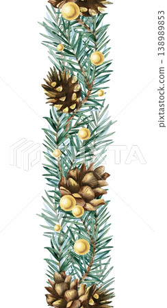 Watercolor Christmas seamless border decoration with vertical spruce branches, gold beads and pine cones. Festive hand drawn garland isolated illustration for greeting card, New Year winter frame Watercolor Christmas seamless border decoration with vertical spruce branches, gold beads and pine cones. Festive hand drawn garland isolated illustration for greeting card, New Year winter frame 138989853