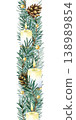 Watercolor Christmas vertical seamless border garland decoration. Spruce branch, burning candle, golden beads and fir cone. New Year repeat ornate. Hand painted isolated illustration, banner, frame 138989854