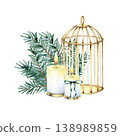 Watercolor illustration golden birdcage surrounded by spruce branches and burning candles. Festive winter composition, vintage style Christmas o wedding decor. Hand drawn isolated rustic design 138989859