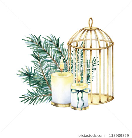 Watercolor illustration golden birdcage surrounded by spruce branches and burning candles. Festive winter composition, vintage style Christmas o wedding decor. Hand drawn isolated rustic design Watercolor illustration golden birdcage surrounded by spruce branches and burning candles. Festive winter composition, vintage style Christmas o wedding decor. Hand drawn isolated rustic design 138989859