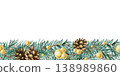 Watercolor Christmas seamless border horizontal spruce branches decorated golden beads and fir cone. Festive hand painted isolated illustration for greeting card, New Year winter holiday frame 138989860