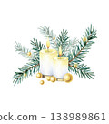 Watercolor Christmas decoration spruce branches with burning candles, golden beads. New Year composition with fir branch. Hand painted isolated illustration. Holiday greeting card design, packaging 138989861