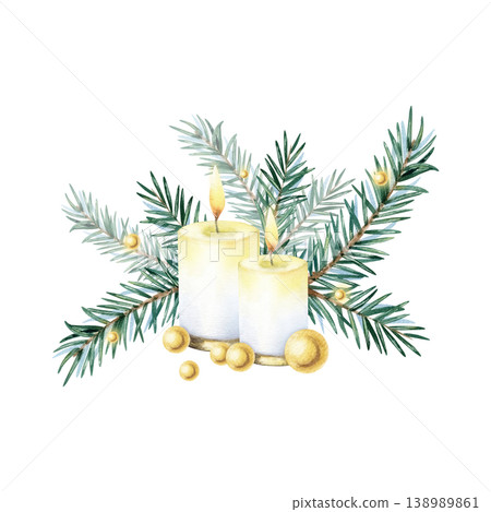 Watercolor Christmas decoration spruce branches with burning candles, golden beads. New Year composition with fir branch. Hand painted isolated illustration. Holiday greeting card design, packaging Watercolor Christmas decoration spruce branches with burning candles, golden beads. New Year composition with fir branch. Hand painted isolated illustration. Holiday greeting card design, packaging 138989861