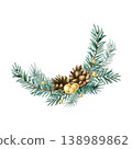 Watercolor Christmas decoration with spruce branches, pine cones and gold beads. Festive winter composition hand painted isolated illustration for greeting card, New Year holiday printing, scrapbook 138989862