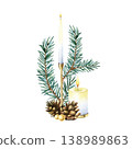 Watercolor Christmas hand painted decoration. Spruce branch, burning candles, fir pine cone. New Year festive composition, holiday arrangement. Illustration isolated from background for your design 138989863