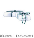 Watercolor white two gift boxes tied green bow and ribbon. Clip art isolated from background. Hand painted present carton box for Christmas composition, birthday holiday decoration, packaging design 138989864