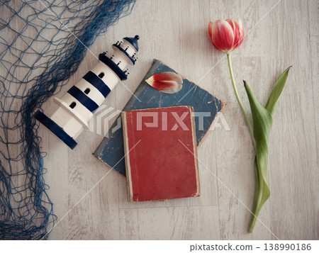 Flat still life, top view with a tulip. 138990186