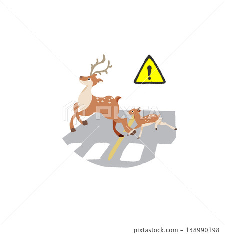 An illustration of a mother deer and her fawn crossing a road, along with a warning sign. An illustration of a mother deer and her fawn crossing a road, along with a warning sign. 138990198