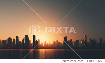 A beautiful scene of a city bathed in the light of the setting sun and its reflection on the water. 138990422