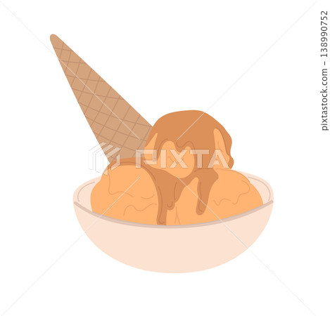 Caramel ice cream balls in a bowl with a waffle cone, sweet frozen dessert, creamy summer treat, minimalist flat vector illustration isolated on white background. Caramel ice cream balls in a bowl with a waffle cone, sweet frozen dessert, creamy summer treat, minimalist flat vector illustration isolated on white background. 138990752