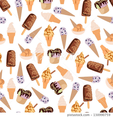 Seamless Pattern with Ice Cream Cones, Popsicles and Sundaes, Sweet Frozen Desserts Background, Summer Treats Collection, Flat Vector Illustration 138990759