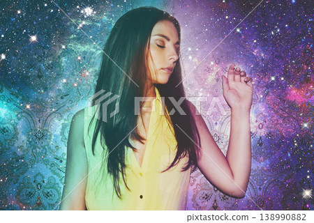 Woman, double exposure and stars in space, fantasy and art in cosmos, shine and thinking in solar system. Girl, galaxy and color with universe, nebula or milky way for night sky overlay with fashion 138990882