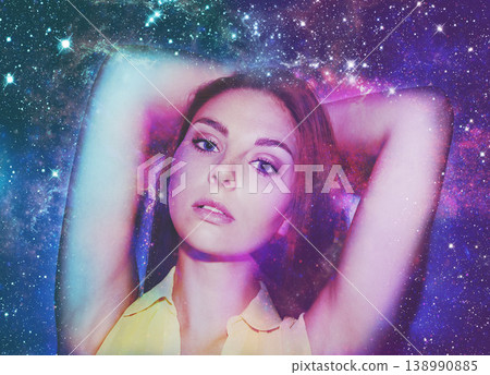 Woman, portrait and double exposure with stars, space and fantasy for art, cosmos or shine with solar system. Girl, galaxy and color with universe, nebula or milky way for night sky overlay on face 138990885