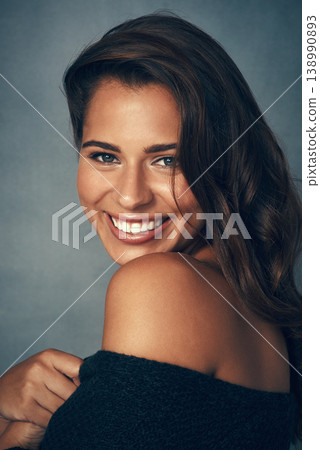 Smile, pose and shoulder in portrait, woman and confident by backdrop, hair and face for casual fashion. Happy female person, beauty and cosmetics or proud, care and skin for luxury wellness or joy Smile, pose and shoulder in portrait, woman and confident by backdrop, hair and face for casual fashion. Happy female person, beauty and cosmetics or proud, care and skin for luxury wellness or joy 138990893